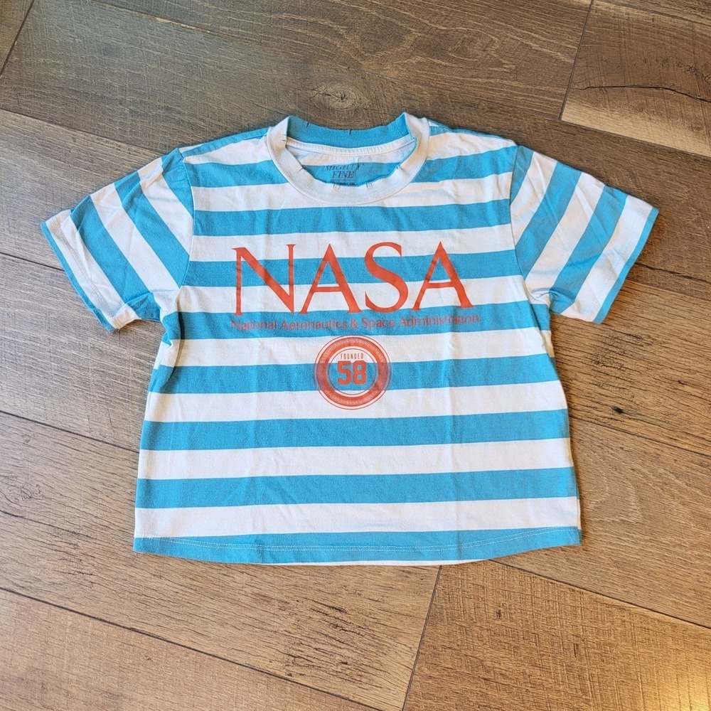Mighty Fine NASA Graphic T-Shirt Turquoise White Striped XS Vintage Distressed